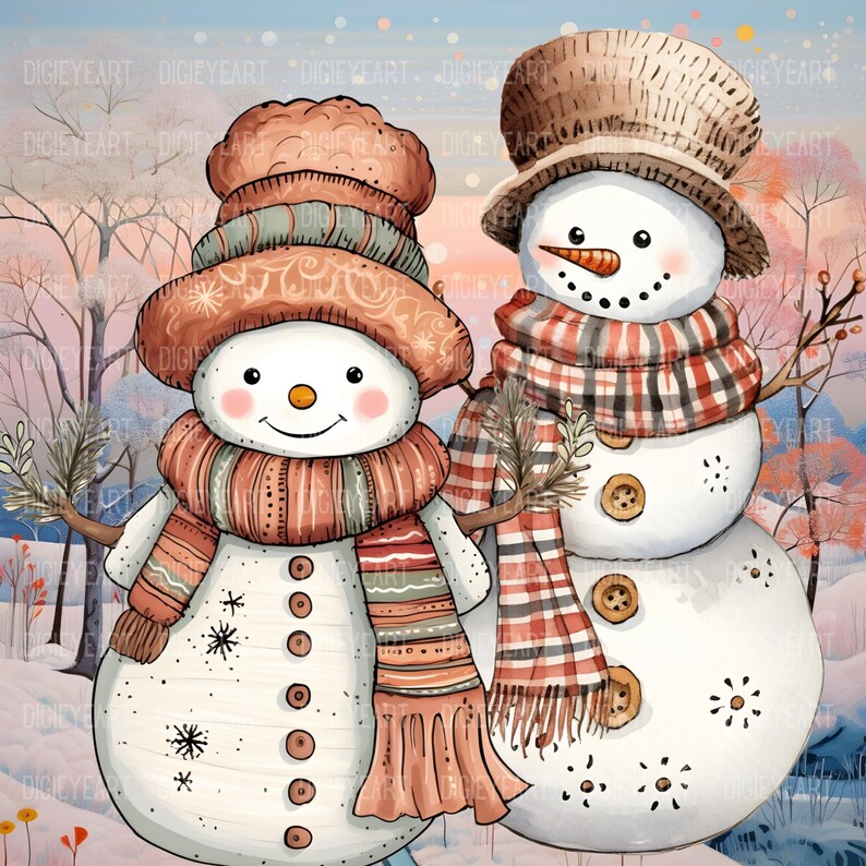 May include: Two snowmen with brown and red plaid scarves and hats. The snowman on the left has a brown and green hat with a snowflake design. The snowman on the right has a brown hat with a wide brim. Both snowmen have white bodies with black eyes and mouths.