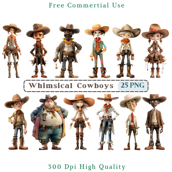 Whimsical Cowboy Clipart, Mixed Media Quirky Cowboy CU Clip Art, Western Cowgirl Graphics PNG, Transparent Background, Whimsical Elements