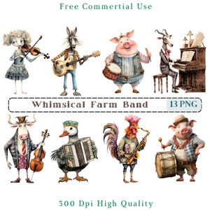 Clipart fantaisiste de bande d'animaux de ferme, techniques mixtes animaux insolites CU Clip Art, musique graphiques animaux PNG, éléments fantaisistes, imprimables coupe difficile