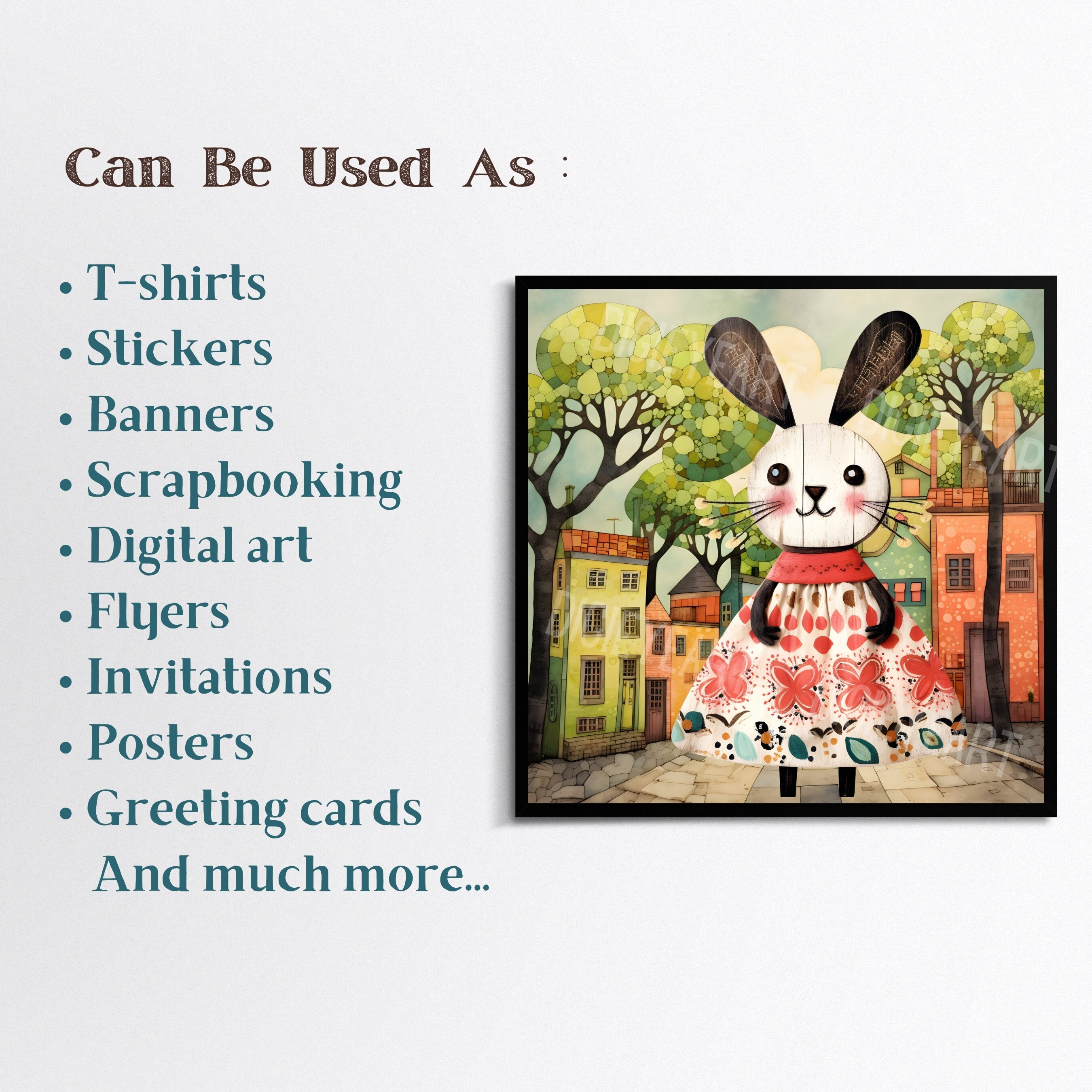 Whimsical Rabbit Clipart, Quirky Bunny Clip Art, Cute Mixed Media ...