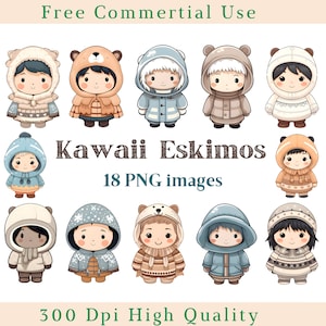 Kawaii Eskimos Clipart, Niedliche Eskimos Clip Art, Nord Menschen Bild, Kommerzielle Nutzung, Bundle Transparentes Hintergrundbild, 300 DPI, Winter Png