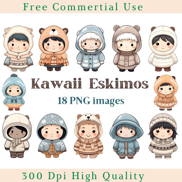 Kawaii Eskimos Clipart, Niedliche Eskimos Clip Art, Nord Menschen Bild, Kommerzielle Nutzung, Bundle Transparentes Hintergrundbild, 300 DPI, Winter Png