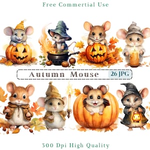 Clipart aquarelle souris automne, clipart automne souris, Jpg citrouille souris, images d'animaux, images d'arrière-plan blanc, 300 ppp, images de rongeurs