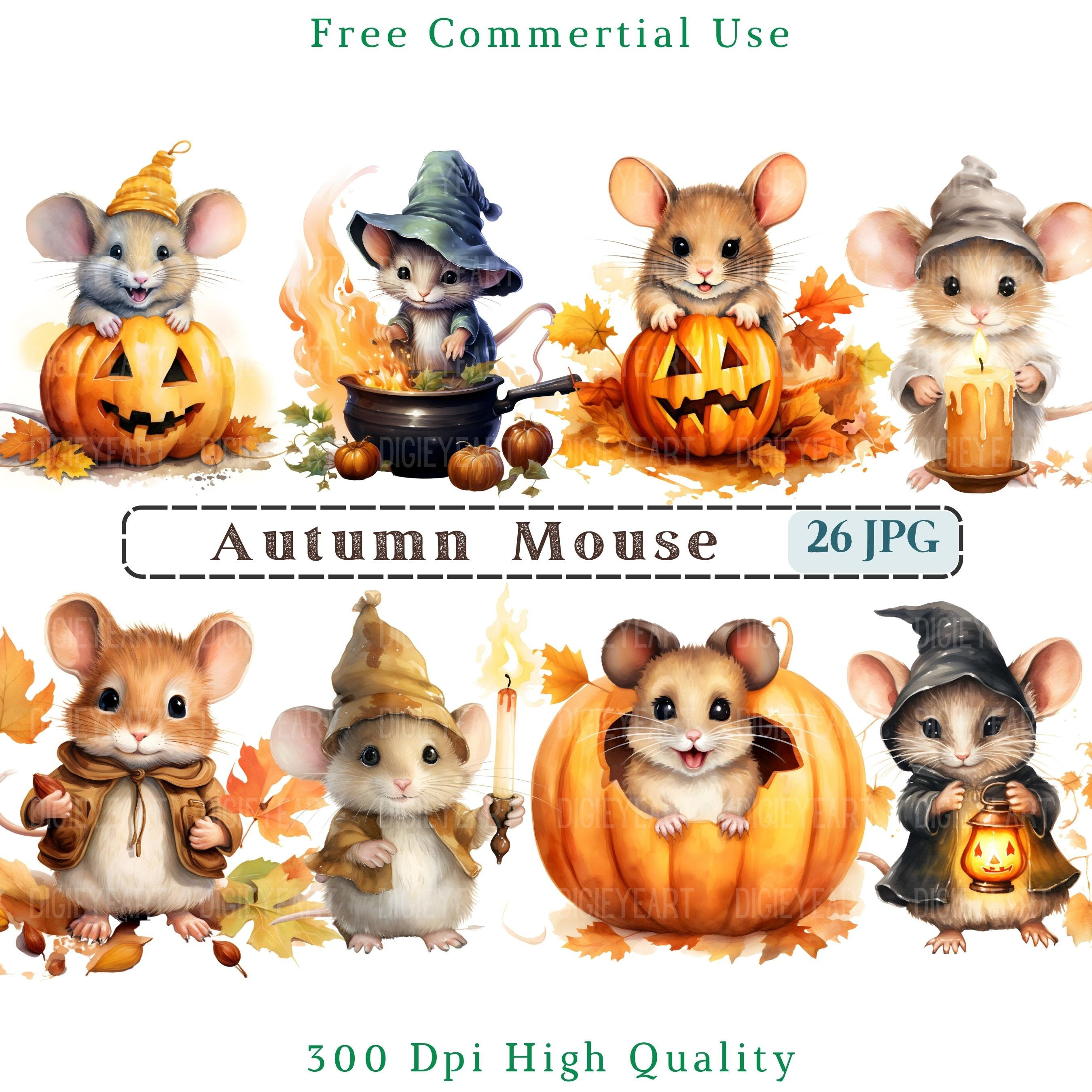 Watercolor Fall Mouse Clipart, Autumn Mouse Clip Art, Pumpkin