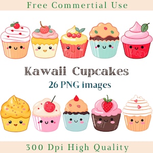 Kawaii Cupcake Clipart, Kawaii Muffin Clip Art, Dulces Png, Imágenes Yammy, Paquete de imágenes de fondo transparente, 300 DPI