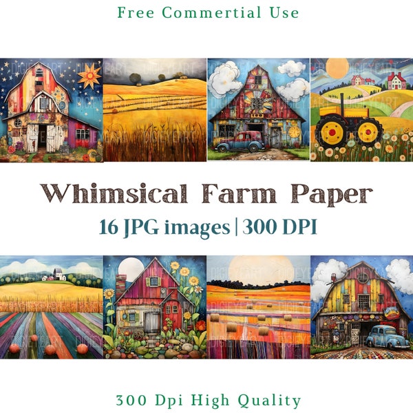 Whimsical Farm Paper, Mixed Media Nature Scenes, Whimsical Bright Backdrop Jpg, Junk Journal Background pictures, 300 DPI,Scrapbooking Paper