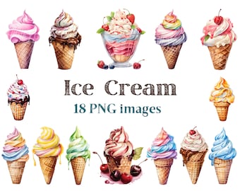 Imágenes prediseñadas de helado de acuarela, imágenes prediseñadas de helado, dulces Jpg, imágenes de helado, imágenes de fondo transparente, 300 DPI, imagen de helado