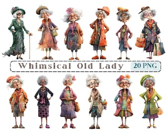 Whimsical Old Lady Clipart, Mixed Media eccentrico donna CU Clip Art, vecchia donna grafica PNG, sfondo trasparente, Grandy Fussy Cut stampabili