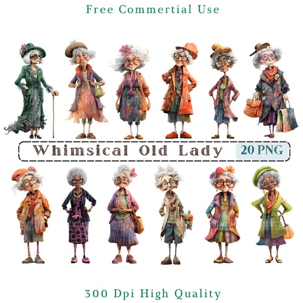 Whimsical Old Lady Clipart, Mixed Media Quirky Woman CU Clip Art, Old Woman Graphics PNG, Transparent Background,Grandy Fussy Cut Printables