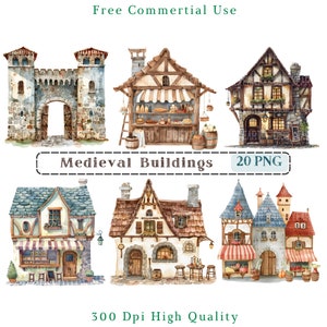 Può includere: Un set di 20 illustrazioni ad acquerello di edifici medievali. Gli edifici sono in vari stili, tra cui una porta d'ingresso, un negozio e una casa con una torretta. Le illustrazioni sono di alta qualità, 300 dpi e sono gratuite per uso commerciale.