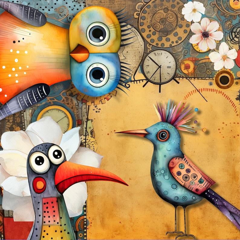 Puede incluir: Una ilustraci&oacute;n caprichosa con tres p&aacute;jaros coloridos de ojos grandes. Los p&aacute;jaros est&aacute;n situados sobre un fondo de una esfera de reloj, engranajes y elementos florales. Los p&aacute;jaros est&aacute;n pintados en un estilo de dibujos animados con colores brillantes y detalles intrincados.