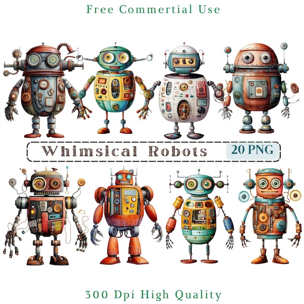 Skurril Roboter Clipart, Android CU Clip Art, Roboter Grafiken PNG, lustiger Roboter Fussy Schnitt Printables, transparenter Hintergrund, Mixed Media Roboter