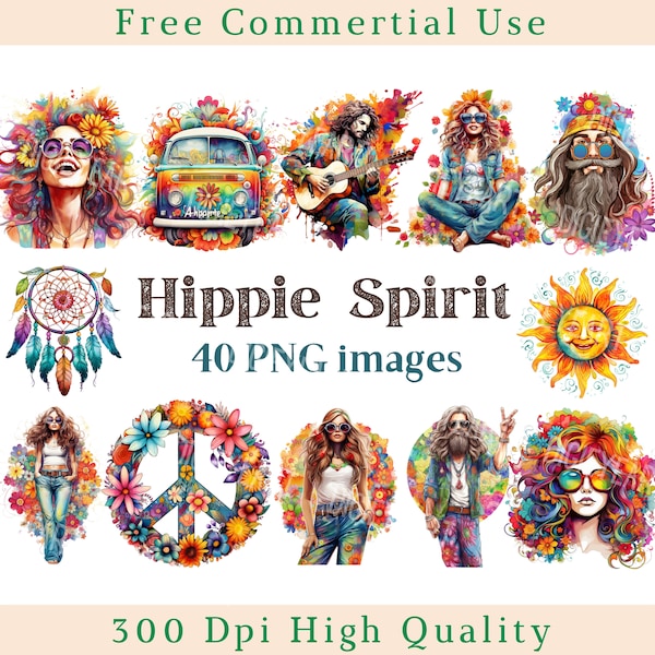 Hippie Spirit Clipart, Happy Hippie Clip Art, Hippy Png, Flower Child Image, Commertial Use, Bundle Transparent Backgound picture, 300 DPI