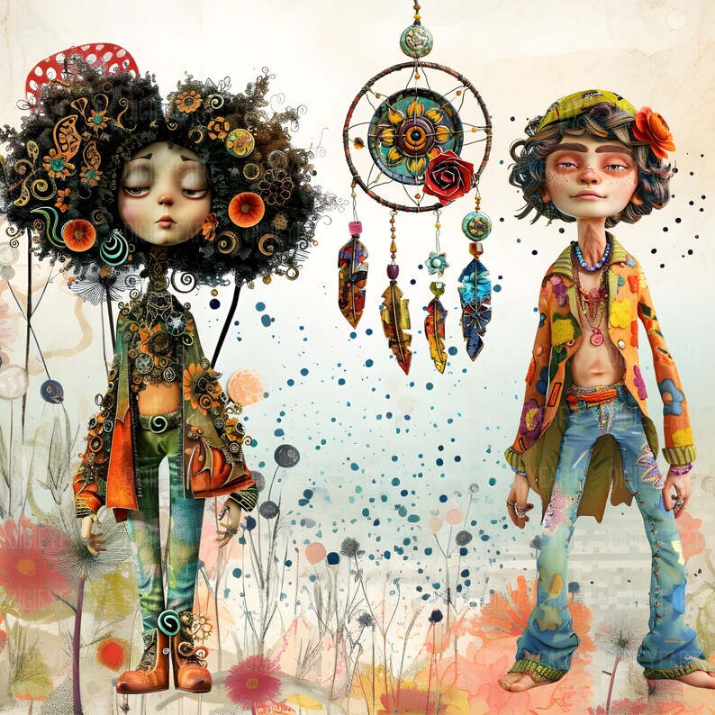 Whimsy Hippy Whimsical Hippies Clipart, Mixed Media Quirky Hippie CU Clip Art, Man ...