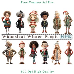 Imágenes prediseñadas de personas de invierno caprichosas, medios mixtos extravagantes mujeres hombres tipos CU Clip Art, gráficos de personas de Navidad PNG, imagen familiar divertida Png