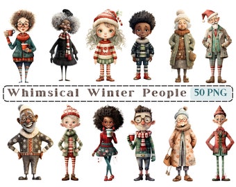 Whimsical Winter People Clipart, Mixed Media eccentrico donne uomini tipi CU Clip Art, grafica PNG di persone di Natale, foto di famiglia divertente Png