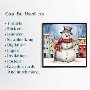 May include: A watercolor illustration of a snowman standing in front of a row of colorful houses. The snowman is wearing a black top hat, a red and white scarf, and has a carrot nose. The background is a snowy winter scene with a blue sky and falling snow.