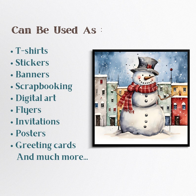 May include: A watercolor illustration of a snowman standing in front of a row of colorful houses. The snowman is wearing a black top hat, a red and white scarf, and has a carrot nose. The background is a snowy winter scene with a blue sky and falling snow.
