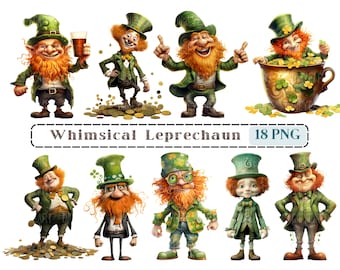 May include: A set of 18 whimsical leprechaun illustrations in PNG format. The leprechauns are depicted in various poses, some holding a pot of gold, others holding a beer mug, and some wearing glasses. The illustrations are 300 DPI and high quality.