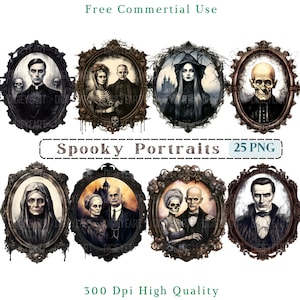 May include: Set of 8 spooky portraits in ornate frames. Each portrait features a different character with a gothic aesthetic. The portraits are perfect for Halloween decorations or adding a touch of spooky charm to your home decor.