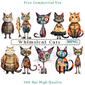 Whimsical Cats Clipart, Quirky Cat Clip Art, Mixed Media Cat PNG, Kitten Images, Transparent Background pictures, 300 DPI, Funny Cat Picture