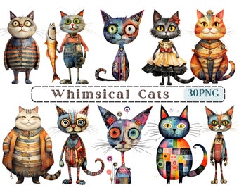 Imágenes Prediseñadas de gatos caprichosos, imágenes prediseñadas de gatos peculiares, PNG de gato de medios mixtos, imágenes de gatitos, imágenes de fondo transparente, 300 DPI, imagen de gato divertido