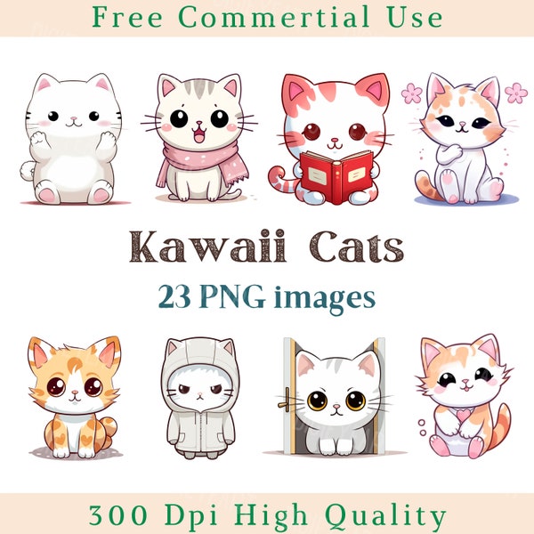 Kawaii Cute Cats Clipart, Kawaii Cat Clip Art, Lovely Kitties Png, Sweet Cats Images, Bundle Transparent Backgound pictures, 300 DPI