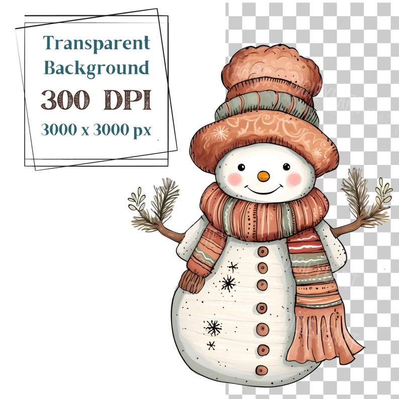 May include: A cartoon snowman with a brown hat, scarf, and mittens. The snowman has a white body with black eyes, a carrot nose, and a smiling mouth. The snowman is standing on a white background.