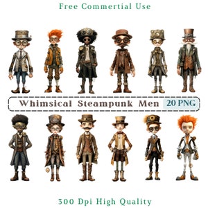 Imágenes prediseñadas caprichosas de Steampunk Men, imágenes prediseñadas de CU de hombre peculiar de medios mixtos, gráficos de hombre Steampunk PNG, imprimibles de corte quisquilloso, elementos caprichosos