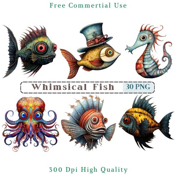Whimsical Sea Animas Clipart, Mixed Media Fish CU Clip Art, Sea Animal Graphics PNG, Whimsical Elements, Funny Fish Picture,Sea Life Clipart