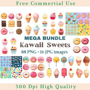 Pacchetto Clipart dolci Kawaii, clipart torte Kawaii, caramelle e gelato Png, immagini lecca-lecca, immagini di sfondo trasparente, 300 DPI