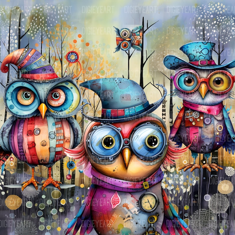 May include: Three colorful owls with whimsical details, including hats, glasses, and patterned clothing. The owls are set against a background of trees and a blue sky.