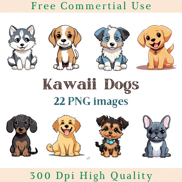 Kawaii Cute Dogs Clipart, Kawaii Dog Clip Art, Puppies Png, Doggie Images, Bundle Transparent Backgound pictures, 300 DPI