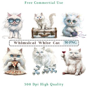 Whimsical White Cat Clipart, Quirky Cat Clip Art, Mixed Media Kitten PNG Images, Transparent Background pictures, 300 DPI, Funny Cat Picture