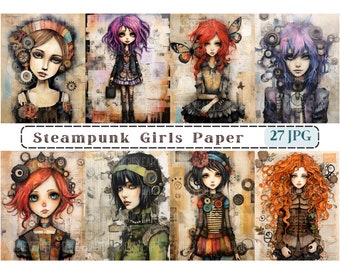 May include: A digital paper pack featuring eight illustrations of steampunk girls with intricate details and colorful backgrounds. The paper pack includes 27 JPG files and is 300 DPI.