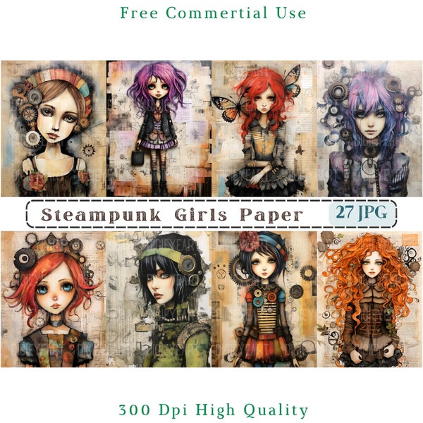 Whimsical Steampunk Girl Paper, Whimsical Girls Postraits, Steampunk Paper Jpg, Junk Journal Background,Mixed Media Steampunk Woman Paper,