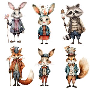 Peut inclure: Illustration aquarelle de six personnages d'animaux fantastiques. Un lapin portant une veste bleue, un lapin portant une robe rouge, un raton laveur portant une veste marron, un renard portant une veste bleue, un lapin portant une veste bleue et un renard portant une veste bleue.