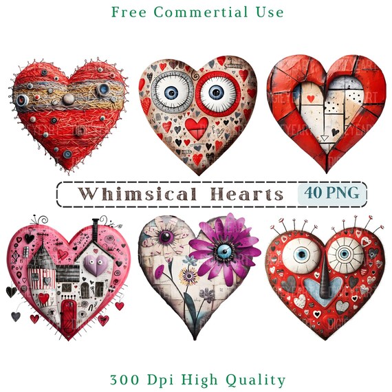 Whimsical Hearts Clipart, Hearts CU Clip Art, Quirky Heart