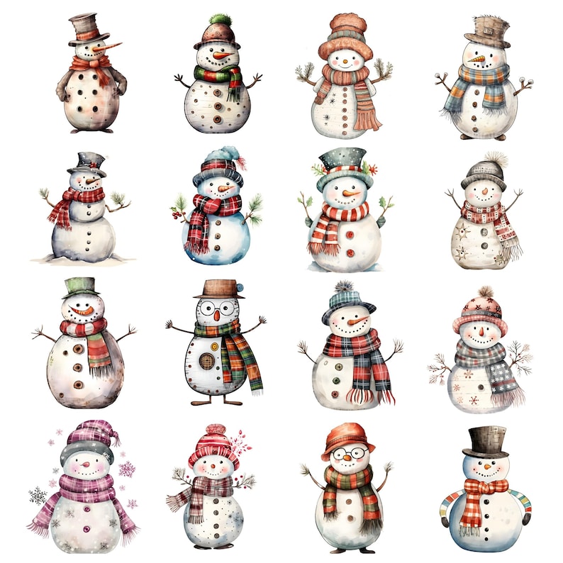 May include: A collection of 16 watercolor illustrations of snowmen with various hats, scarves, and accessories. The snowmen are all different sizes and shapes, and they are all smiling.