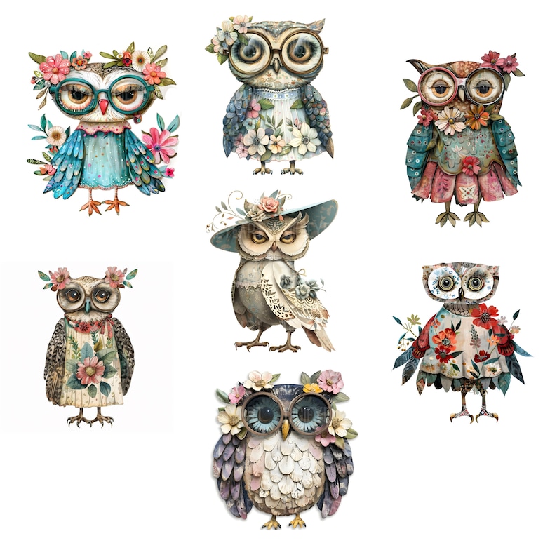 May include: Seven colorful owls with floral accents and unique designs. Each owl has a different color scheme and features intricate details, including flowers, leaves, and feathers.