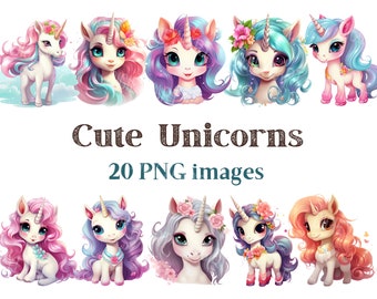 May include: Set of 20 digital illustrations of cute cartoon unicorns with colorful manes and tails. The unicorns are in various poses and expressions. The images are 300 dpi and high quality.