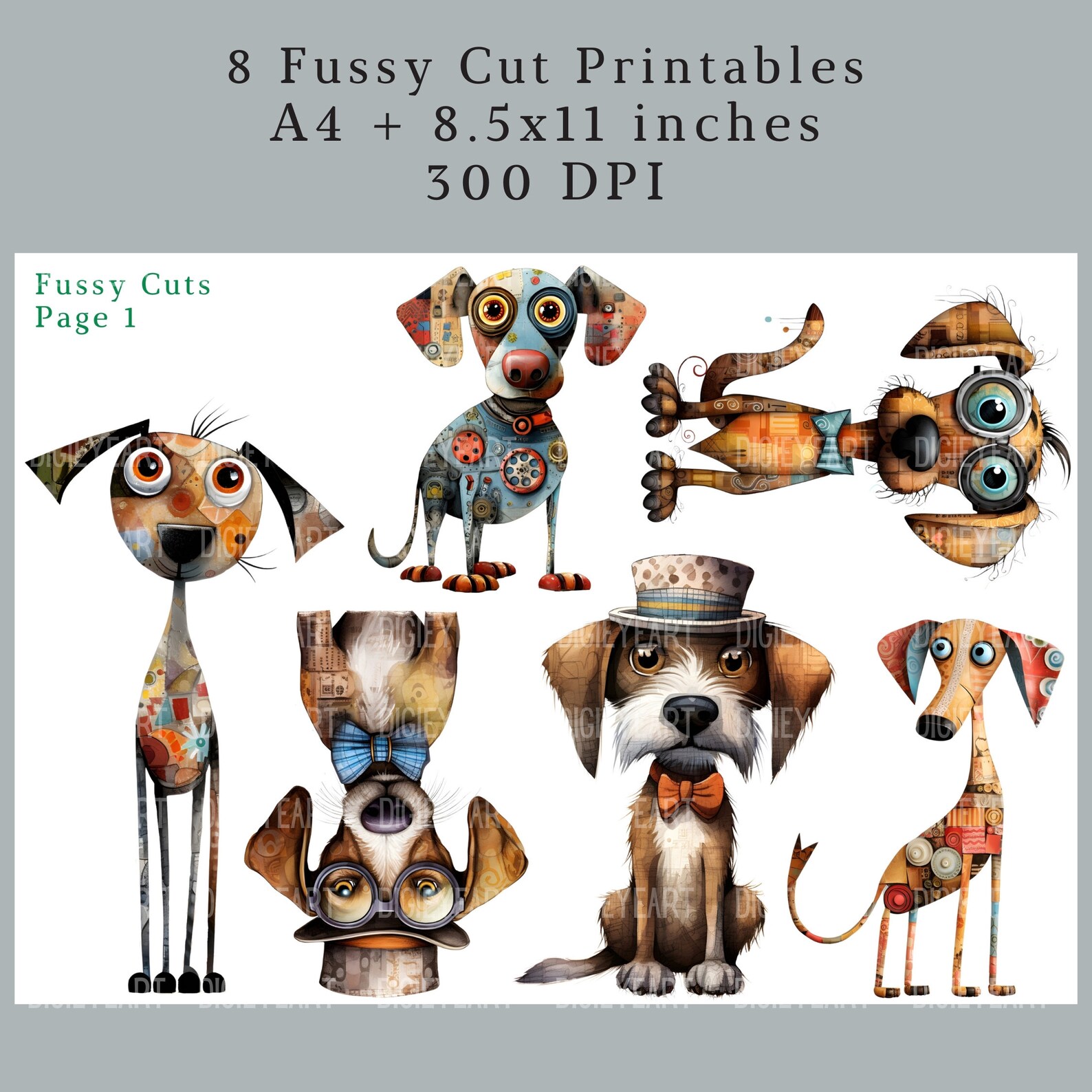 Whimsical Dogs Clipart, Quirky Dog Clip Art, Mixed Media Dog PNG ...