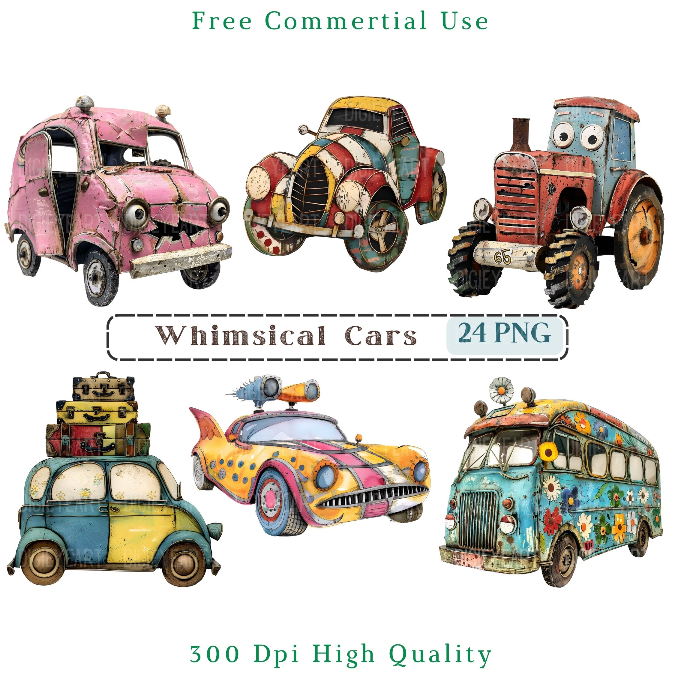 Car Cu Whimsical Car Clipart, Mixed Media Quirky Car CU Clip Art Png, Tractor ...