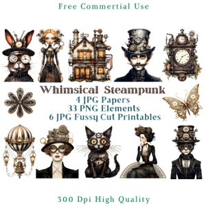 Whimsical Steampunk Clipart, Steampunk Fussy Cut Images, Whimsical Noir Steampunk Animal CU Clip Art, Scapbook Graphics PNG,Journal Digi Kit