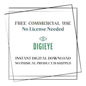 May include: A black and white graphic with the text "FREE COMMERCIAL USE No License Needed" and the logo "DIGIEYE" with a green eye icon. The text "INSTANT DIGITAL DOWNLOAD NO PHISICAL PRODUCT IS SHIPPED" is also included.