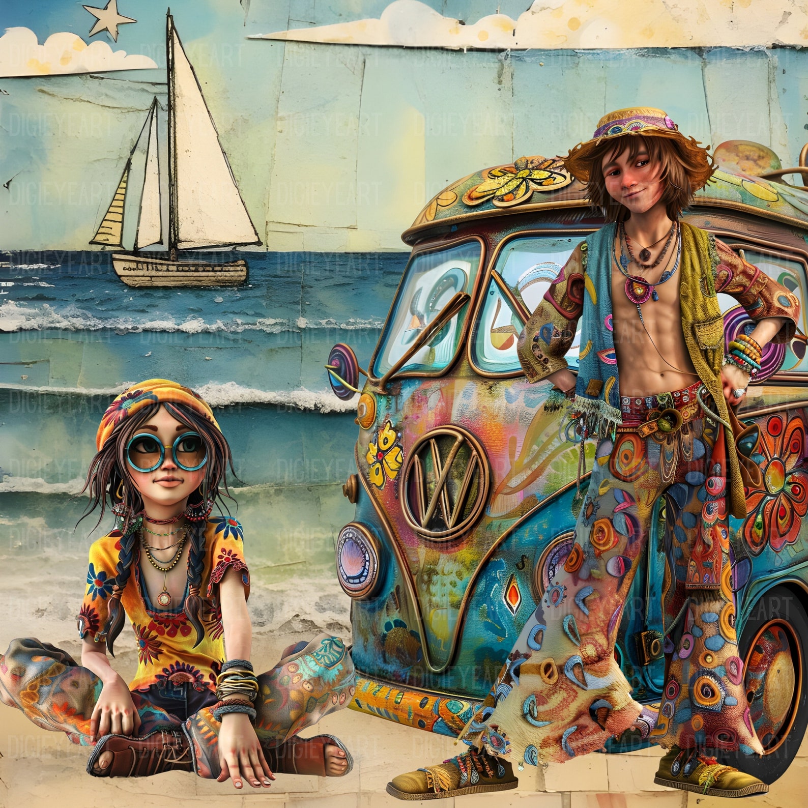 Whimsy Hippy Whimsical Hippies Clipart, Mixed Media Quirky Hippie CU Clip Art, Man ...