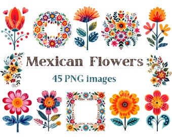 Mexican Flowers Clipart, Vivid Flowers Clip Art, Ethnic Images, Commercial Use, Transparent Background picture, 300 DPI, Floral Ornament Png