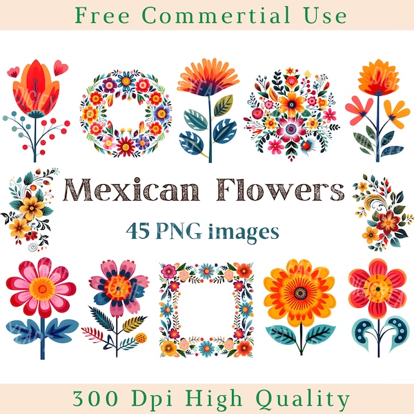 Mexican Flowers Clipart, Vivid Flowers Clip Art, Ethnic Images, Commercial Use, Transparent Background picture, 300 DPI, Floral Ornament Png