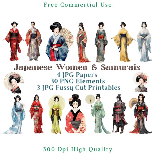 Japanese Women & Samurai Clipart, Japan People Fussy Cut, Japanese Girls CU Clip Art, Scapbook Geisha Graphics PNG, Transparent Background