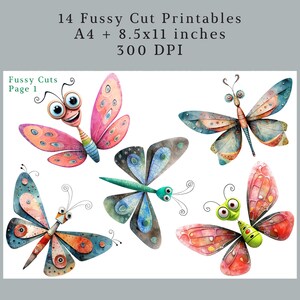May include: A set of five printable fussy cut images of colorful butterflies with whimsical details. The butterflies are in various poses and have different patterns and colors, including pink, blue, green, and orange. The text "Fussy Cuts Page 1" is in the top left corner of the image.